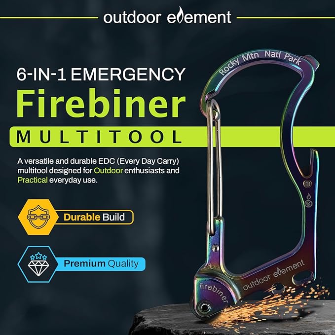OUTDOOR ELEMENT Firebiner Custom Engraved 6-in-1 Fire Starter Carabiner Multitool – Survival Gear EDC Keychain with Utility Blade, Bottle Opener, Screwdriver, Emergency Tool