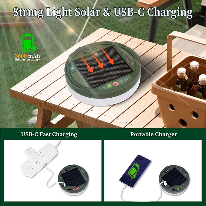Solar Camping Lights 180LEDs 33FT,Rechargeable 4 in1 Camping String Lights with13 Modes&Timer,Waterproof Christmas Twinkle Lights for Tent,Yard,Outdoor,Garden,Hiking,Travel Decor