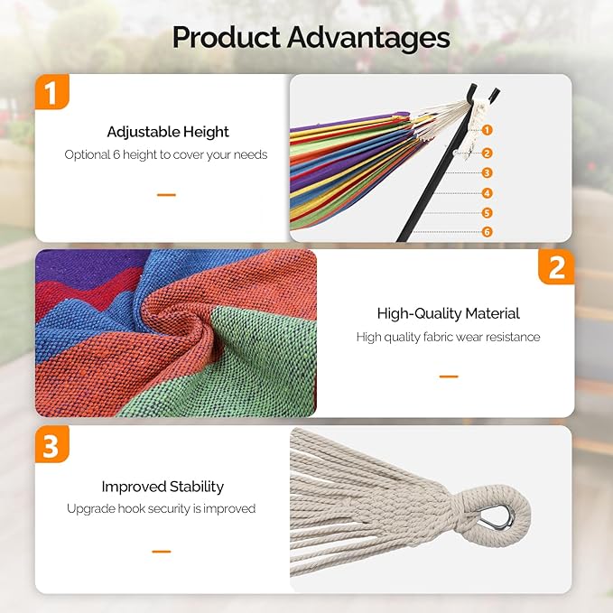 ONCLOUD 550 LBS Capacity Double Hammock with Stand Included with Portable Carrying Bag, Heavy Duty 2-Person Hammock for Outdoors & Indoors - Desert Stripe, Series TDCTZ1 - Rainbow Stripe