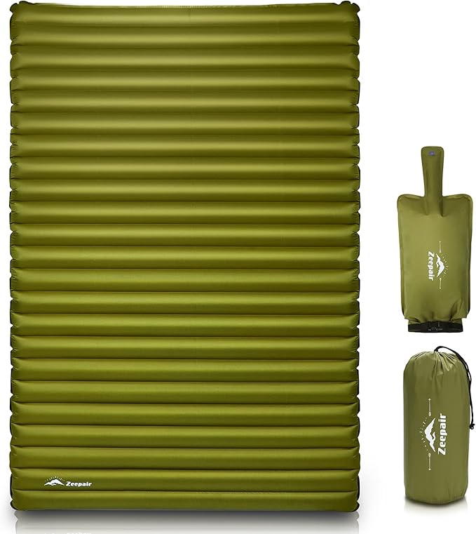 Double Camping Sleeping Pad, Ultralight Waterproof Inflatable 2-Person Sleeping Mat with Inflation Bag, Lightweight Portable Air Mattress for Outdoor Backpacking Hiking Car Traveling Tent (Green)