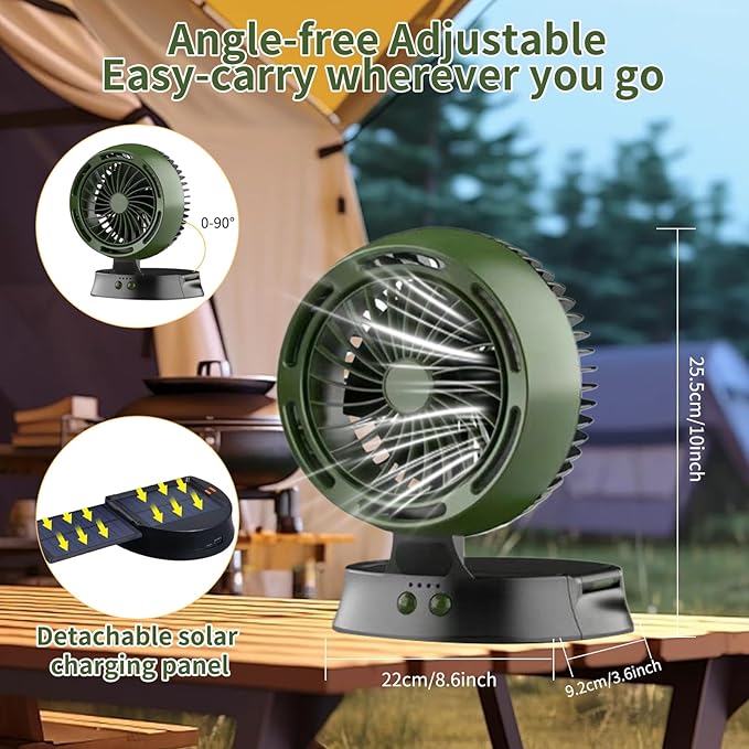 Portable Solar Fan - 10000mAh Big Battery, Compact & Lightweight, Solar-Powered, 4 Speeds & LED Light for Camping, Hiking & Emergencies!