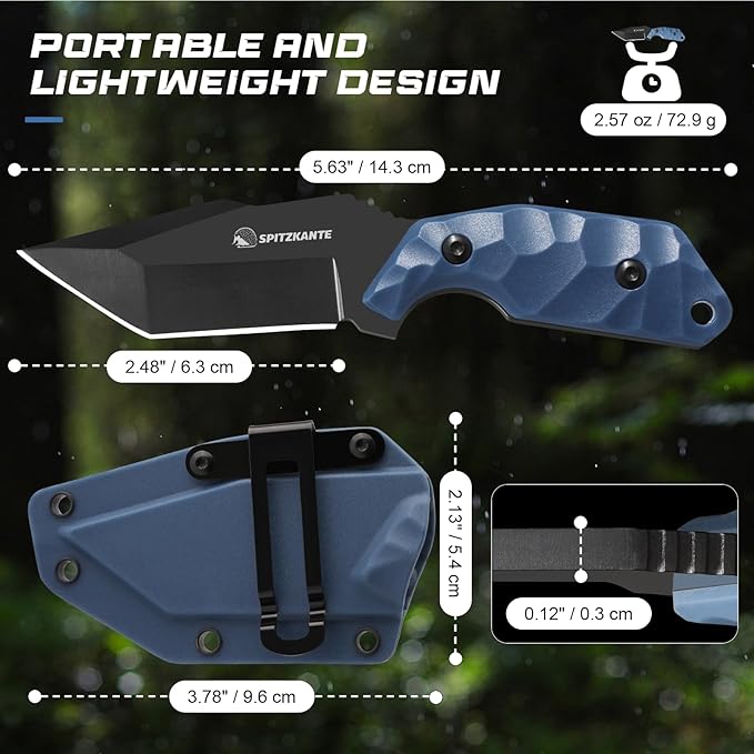 3.07" Small Neck Knife X-TAN-K, Horizontal Carry Knife with Sheath and Necklace, Full Tang Tanto 5Cr14MoV Steel Blade, Blue ABS Handle