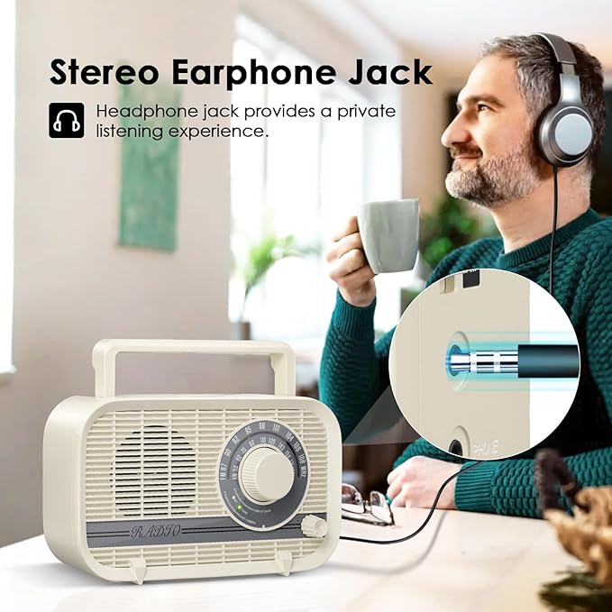 Portable AM FM Radio Plug in Wall or Battery Operated Radio with Best Reception, Bluetooth,Headphone Jack,Large Dial Easy to Use for Seniors Elderly Cream