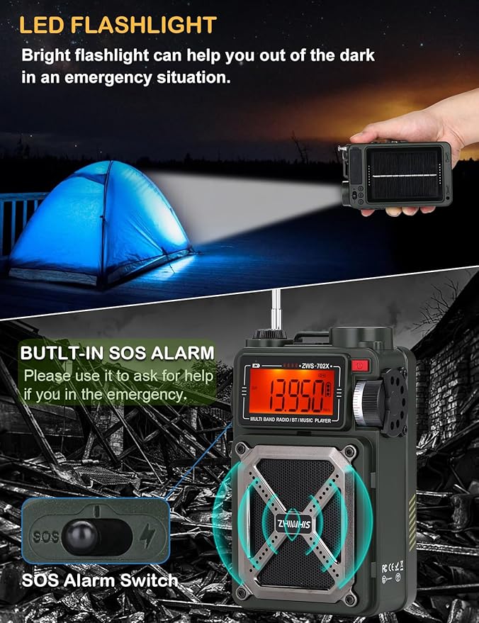 ZHIWHIS Shortwave Radio with Bluetooth, AM/FM/SW/NOAA Weather Emergency Radios, Hand Crank/Solar/4000mAh/SOS/White Noise/Bass/Flashlight/Retro Receiver with Preset, Support USB/TF ZWS-702X