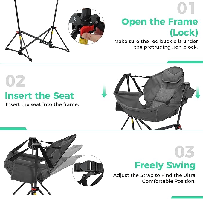 Ainfox Hammock Camping Chair, Foldable Portable Rocking Chairs for Adults Outside Swinging Camp with Cup Holder Pillow for Outdoor Patio Poolside (Grey)