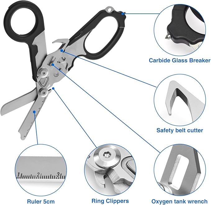 Heavy Duty 6 in 1 Multifunctional Trauma Shears Foldable | Stainless Steel emergency response scissors | Survival Shears with Holster | Medical Trauma shears Tactical With Strap Cutter | Black