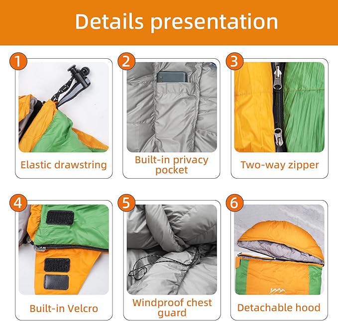 3-in-1 Down Sleeping Bag for Adults with Detachable Hood, 32°F 45°F Rectangular Lightweight Down Blanket Sleeping Bag for Camping Hiking and Backpacking Outdoor and Indoor 4 Season