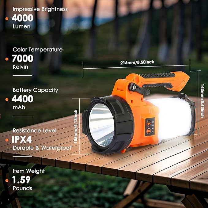 BOBKID Tripod Rechargeable Camping Lantern, 6 Modes LED Flashlight Handheld Spotlight with 4000LM, IPX4 Waterproof Searchlight Work Light for Emergency Hiking Survival Kit - Orange