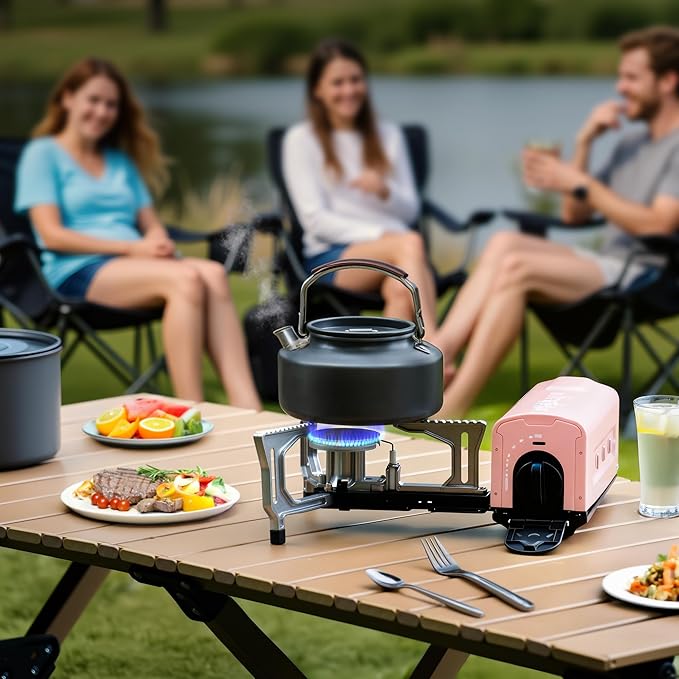 BIG HORN OUTDOORS Butane Camping Stove, Portable Folding Gas Burner with Carry Bag for Camping, Emergency Use and Outdoor Cooking, Pink