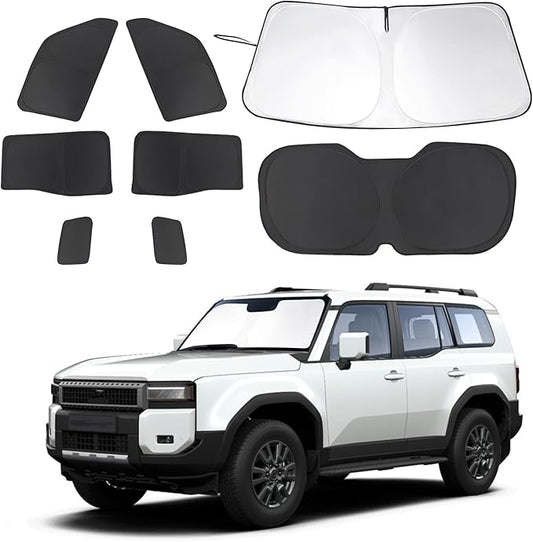 8PCS Windshield Sun Shade Custom Fit for 2024 2025 2026 Toyota Land Cruiser Prado 250 Accessories Foldable Sunshade Side Rear Window Shade Cover Full Set Privacy Protection Keeps Car Cool