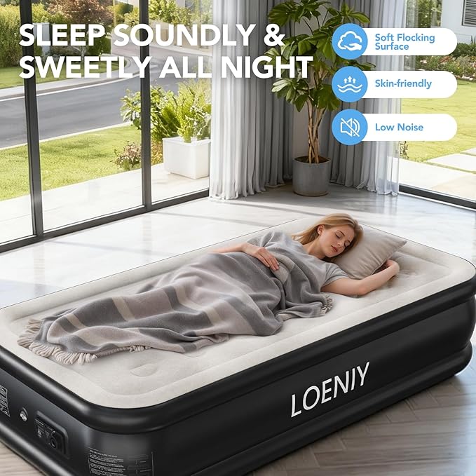 Twin Air Mattress with Built-in Pump, 18” High Inflatable Mattress with Storage Bag, 2 Mins Easy Inflation/Deflation Blow up Mattress, Flocked Top Inflatable Bed for Camping, Adults & Guests