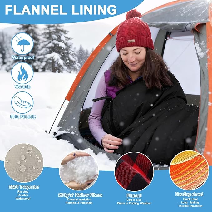 Longzhuo Heated Sleeping Bags for Adults Kids - Portable USB Power Warm Sleeping Bag for Camping with 4 Heating Zones, Cold Weather Sleeping Bag for All Season Camping Hiking Backpacking