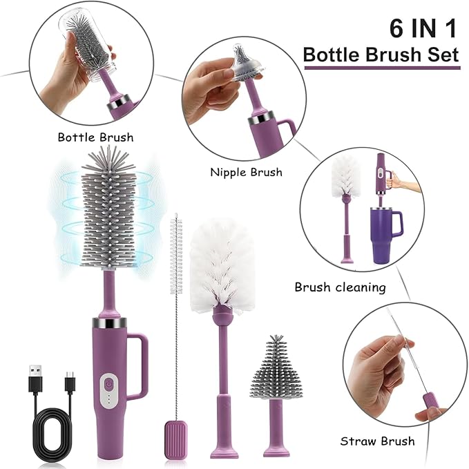 5 in 1 Electric Bottle Brush Cleaner Compatible Stanley Bottle Brush Straw Cleaner Multifunction Rechargeable IPX6 Waterproof Extra Long Design for Stanley Cup, Sports Bottle and More (Purple-1)