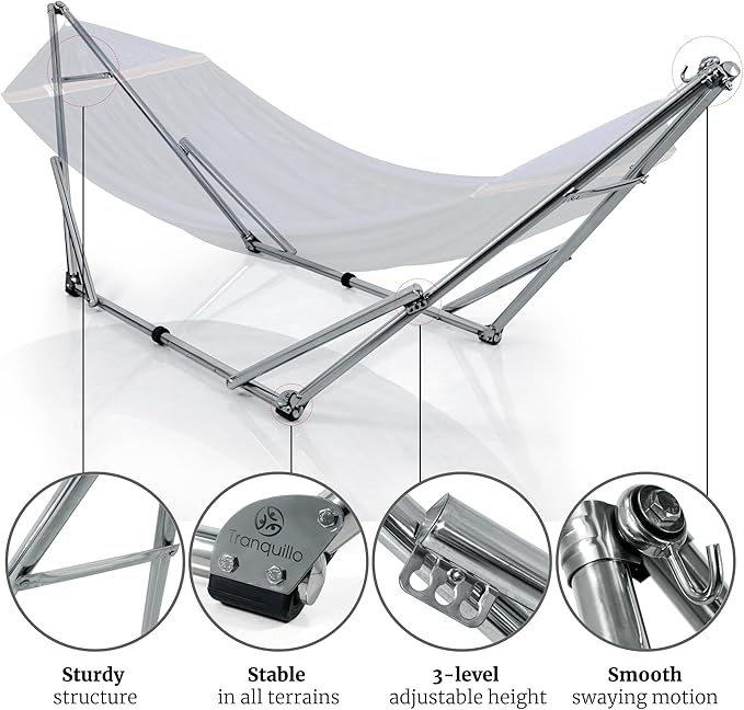 Tranquillo Adjustable Hammock Stand, Collapsible Camping Hammock, 650 lbs Capacity Deluxe Double Hammock Stand for 2 Persons, Portable Everywhere Easy Assembly Non-Slip and Noise-Free, Aegean