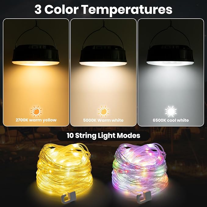 Solar Camping String Lights, 32.8 FT String Light with 13 Modes, 4 in 1 Waterproof Camp Lamp, Solar/Type-C Powered, Hanging Rechargeable Tent Lantern for Camping, Patio & Party (Green)