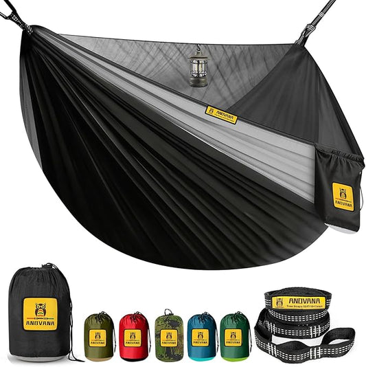 Camping Hammock with Mosquito Net, 600 lbs Portable Hammock with Tree Straps, 2-in-1 Double/Single Travel Hammock Tent for Outside/Indoor/Backpacking/Beach - Black & Grey