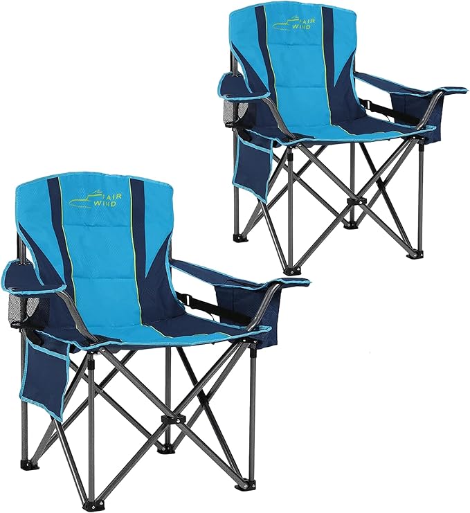 FAIR WIND 2 Pack Padded Camping Chair 500LBS Capacity Heavy Duty Oversized Folding Chair for Heavy People Portable Lawn Chair with Adjustable Lumbar Support, Cooler Bag & Cup Holder for Outdoor, Beach