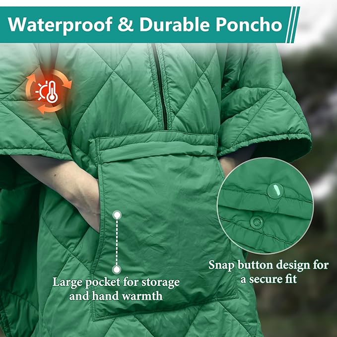 Camping Outdoor Blanket, Ultralight Down Alternative Printed Travel Camp Blankets for Sleeping Packable Waterproof Puffy Quilt for Hammock Picnic Stadium Beach Cold Weather (Green Blanket Poncho)