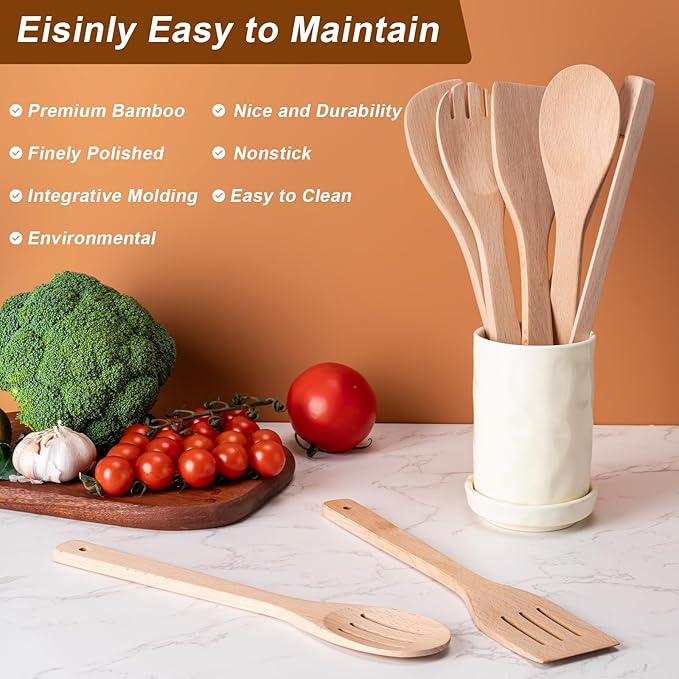 Eisinly Wooden Spoons for Cooking 7-Piece, Kitchen Nonstick Wood Cooking Utensils Set, Durability Wooden Spatula Spoon for Everyday Use, Light Yellow
