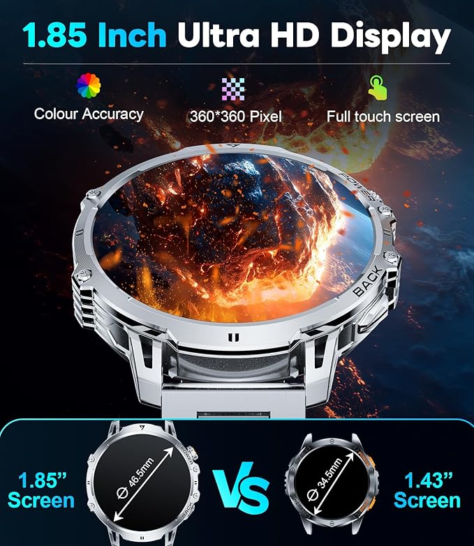 Military Smart Watch for Men, 1.85" HD Large Screen, Bluetooth Call/1000mAh/Flashlight/Heart Rate Sleep Monitor, 110+ Sports Modes Fitness Tracker Watch for Android iOS, Holiday, Silver Steel