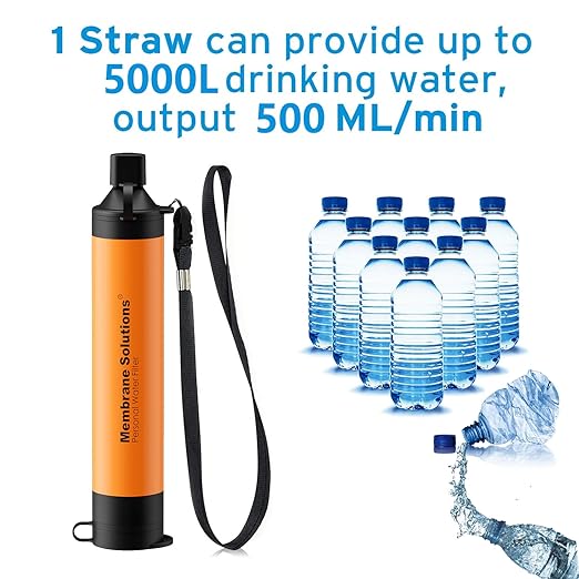 Membrane Solutions Personal Water Filter Straw with an Official Carry Case, Emergency Water Filter and Case Survival, Lightweight Water Purifier with Zip Lock Bag for Camping Hiking Gear(Orange)