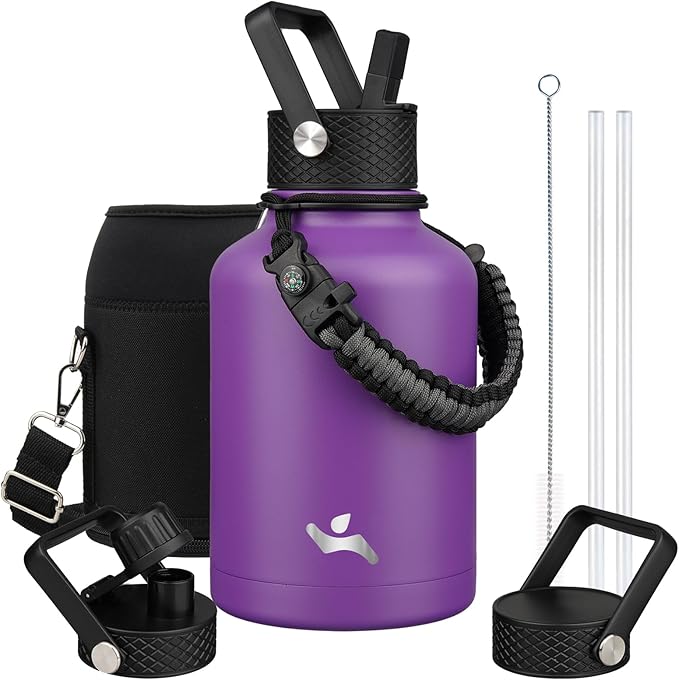 Konokyo Insulated Water Bottle with Straw,50 oz 3 Lids Water Jug with Carrying Bag,Paracord Handle,Double Wall Vacuum Stainless Steel Metal Flask,Purple