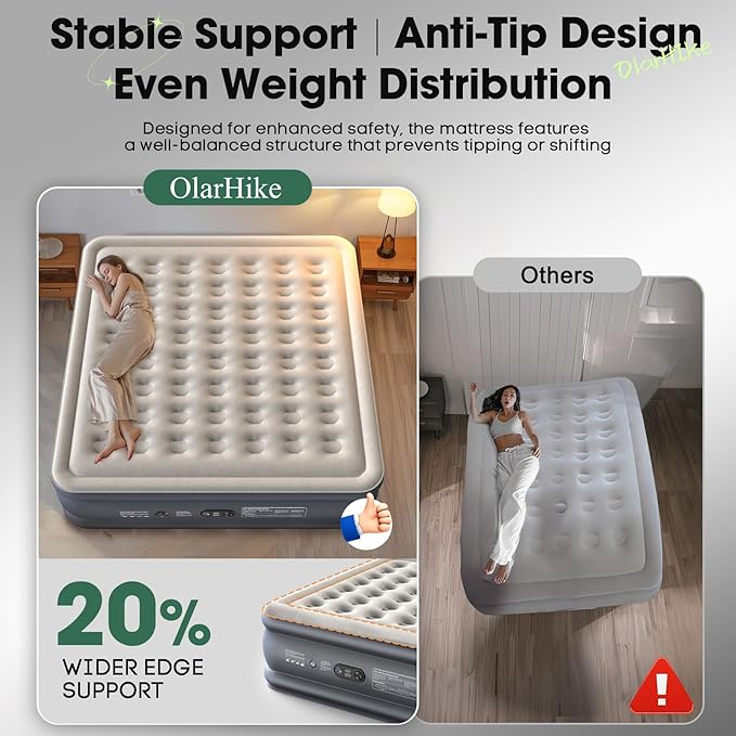 OlarHike King Size Air Mattress with Built-in Pump, 18" Extra-Wide Raised Inflatable Air Bed for Home and Guests, Heavy-Duty Support for 2-4 Sleepers Up to 750 lbs