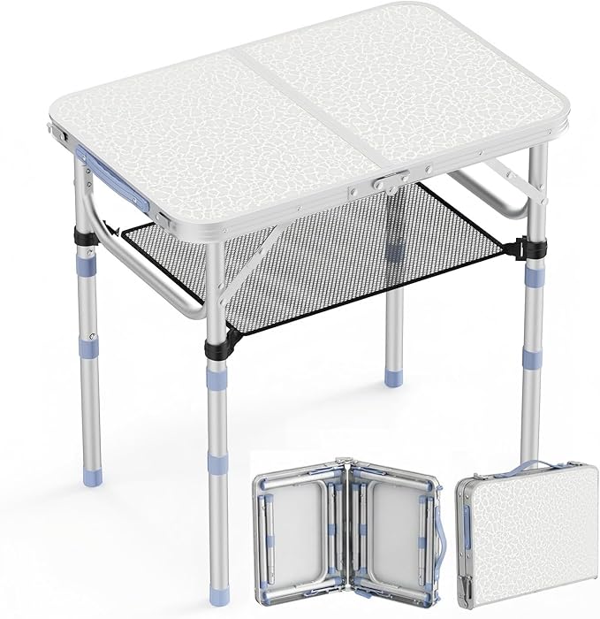 Small Folding Table Portable, 2ft Camping Pinic Table with 3 Adjustable Height, Aluminum Foldable Lightweight Patio Side Table with Carry Handle for Outdoor Indoor Hiking Camp BBQ Beach (White)