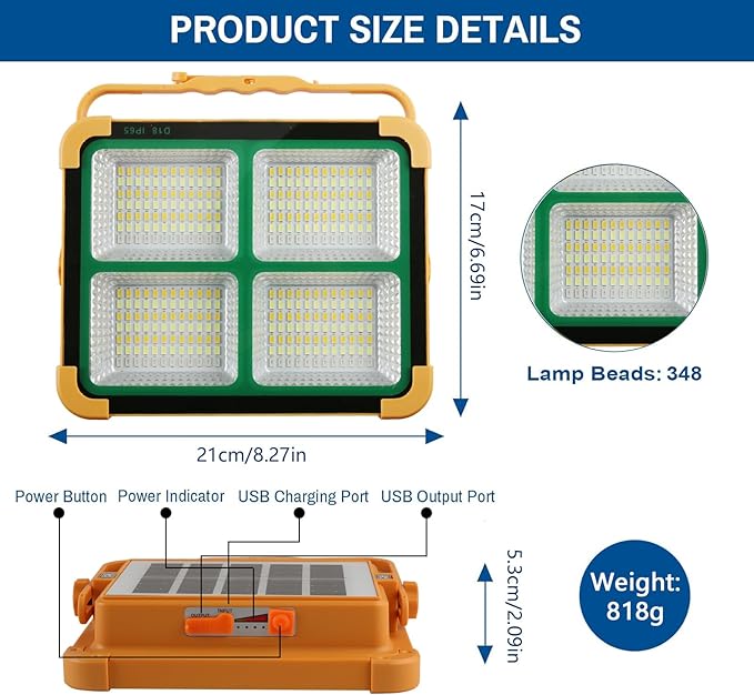 Solar Portable Rechargeable Work Light,16500mAh 120W Magnetic Flood Battery Work Light 10000LM Outedoor LED Camping Lights IP66 Waterproof for Job Site Repair,Camping, Hiking, Emergency