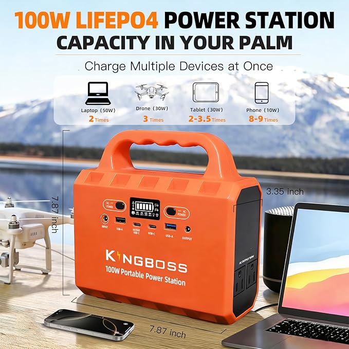 KINGBOSS 100W Portable Power Station, 96Wh LiFePO4 Battery Generator with 65W Fast Charging, Lightweight Solar Power Bank Supply with AC/DC/USB-C/USB-A Outputs & LED for Camping, Home Backup, Outdoor