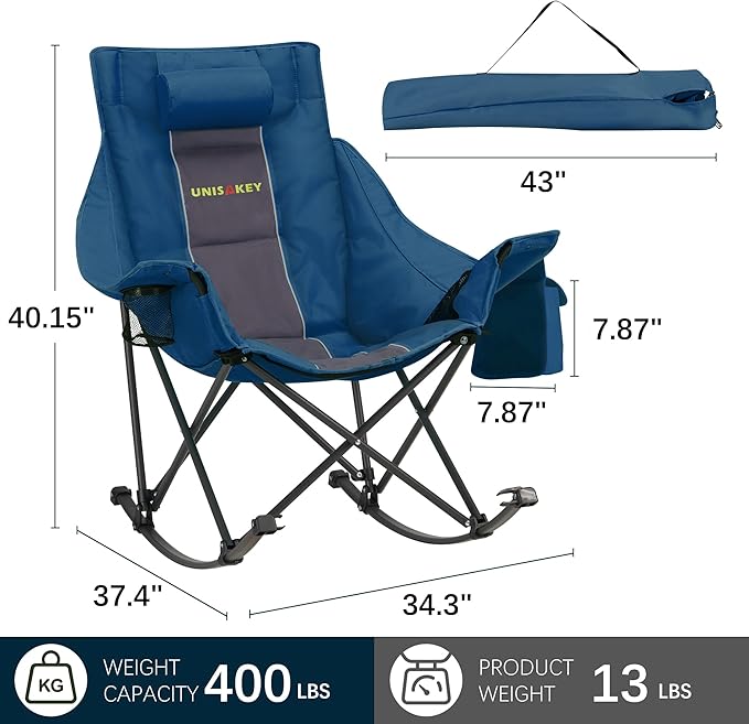 Unisakey Oversized Rocking Camping Chair with Headrest & Cup Holder - 400lbs Capacity, 600D Oxford Fabric, Easy Fold Portable Outdoor Rocker Chair for Camping, Backyard, Beach, Blue