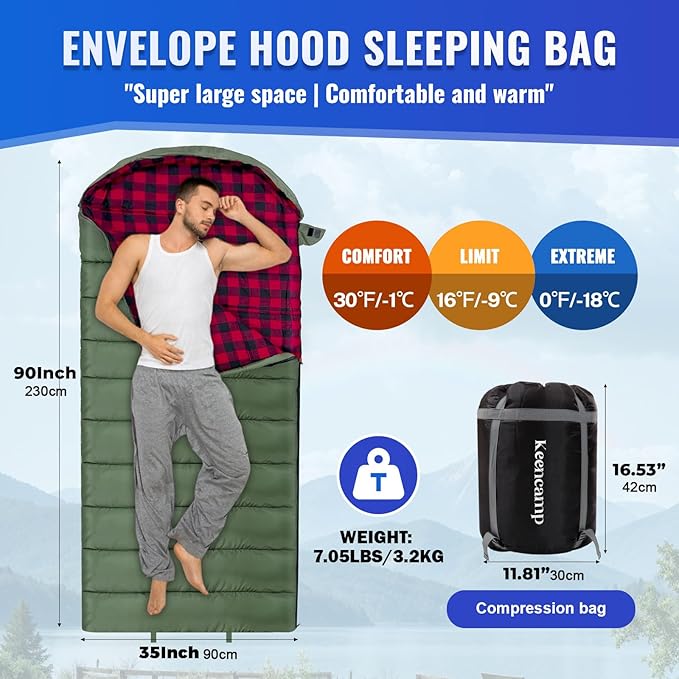 Keencamp 0 Degree Sleeping Bag Cotton Flannel Winter Cold Weather for Adults XXL Sleeping Bag 4 Season Big and Tall with Pillow Compression Sack