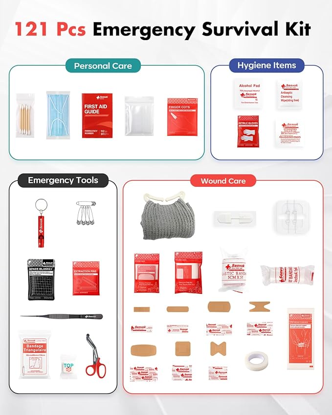 Senvok 121 Pcs First Aid Kit for Car, Home & Travel - Emergency Survival Kit with Zip Stitch Wound Closure and Molle Pack Pockets - Ideal for Camping, Hiking, Outdoor Adventures
