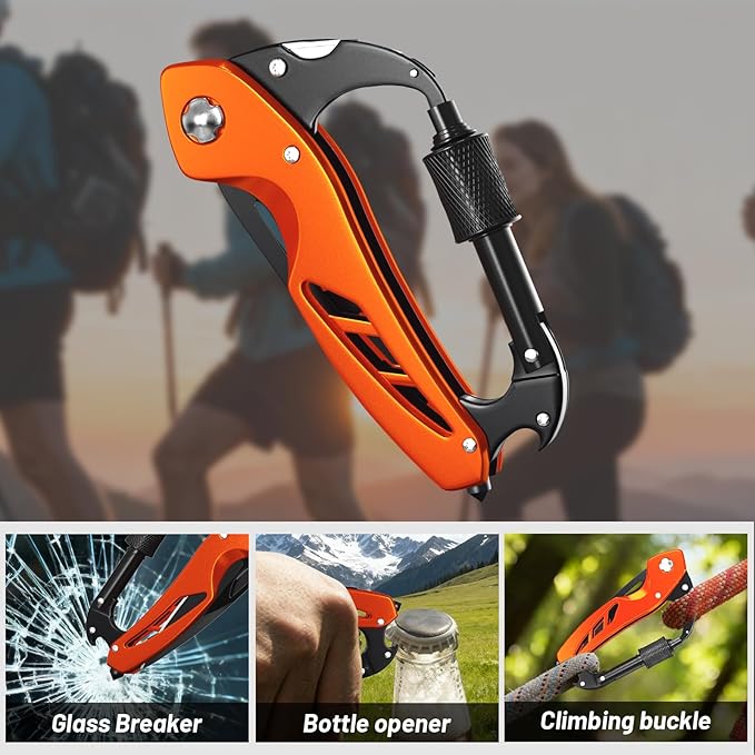 9 in 1 Multitool Carabiner Pocket Knife for Women,EDC Carabiner Knife, Bottle Opener and Screwdriver, Survival Gear for Camping Hiking Gifts for Women Stocking Stuffers Gifts for Him and Her (Orange)