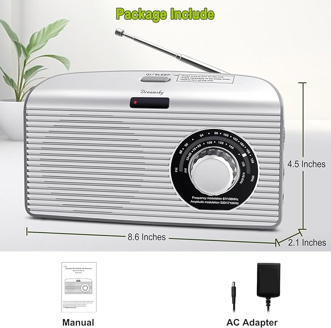 DreamSky Bluetooth Speaker Radio Sleep Timer, Hi-Fi Clear Extra Loud Sound, Portable AM FM Radio with Strong Reception, Plug in Wall or Battery Operated for Home/Outdoor, Seniors Small Gift