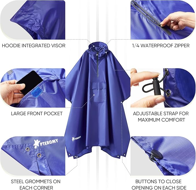 PTEROMY 3-in-1 Hooded Rain Poncho for Adult with Pocket, Waterproof Lightweight Unisex Raincoat for Hiking Camping Emergency
