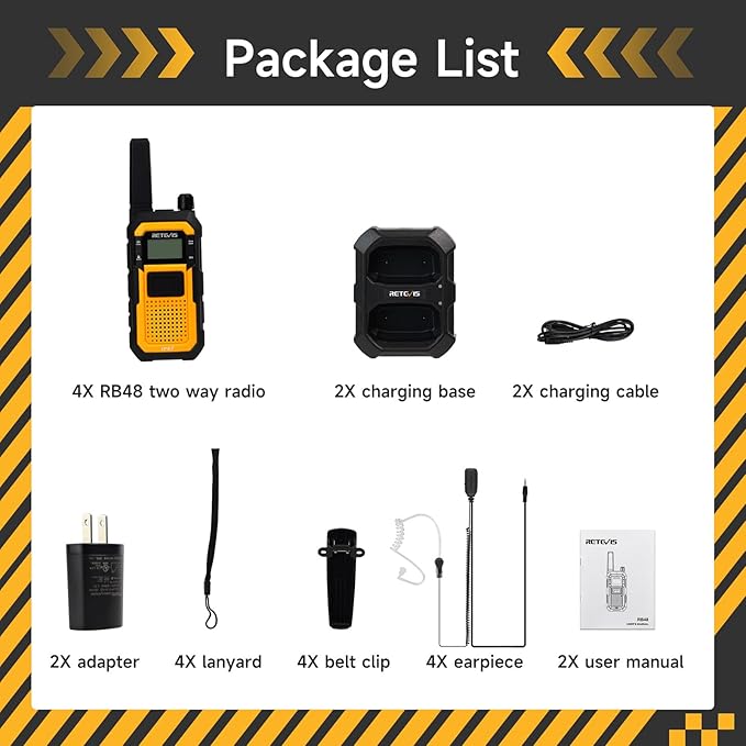 Retevis RB48 Waterproof Walkie Talkies with Earpieces, MIL-STD 810H Two Way Radios, 2-M Fallproof, VOX, 2000 mAh, Dual PTT, Vibration Call, Portable FRS Two-Way Radios Long Range, for Jobsite(4 Pack)