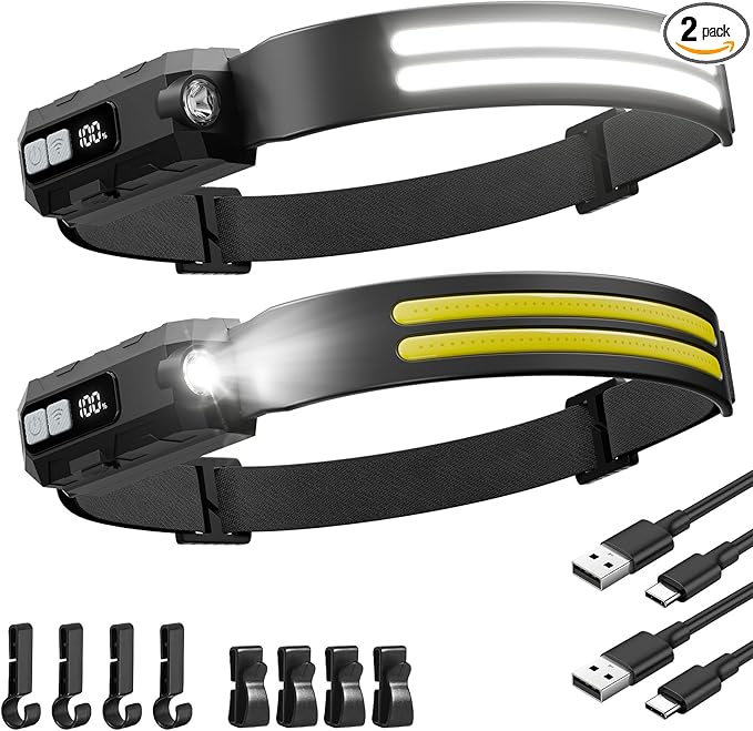 Sogdeco LED Headlamp Rechargeable with Red Light 2 Pack, 230° Wide Beam Head Lights for Forehead, 7Mode Head Lamp, LCD Digital Display, Waterproof Hard Hat Light for Camping Hiking Fishing