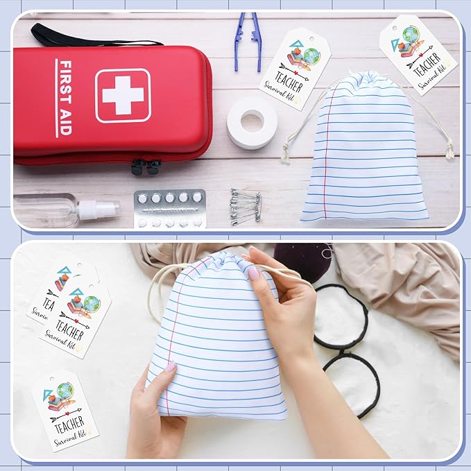 Sweetude 24 Set Teacher Supplies Survival Kit Bulk Gifts Bags Kit Social Work Month Back to School Notebook Teacher Appreciation Drawstring Bags with Tags Thank You Survival Canvas Makeup Pouch