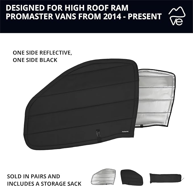 VanEssential Insulated Reflective Blackout Front Door Window Covers Designed for RAM Promaster Van Years 2014 to Current Model (Pair) - Black Reflective