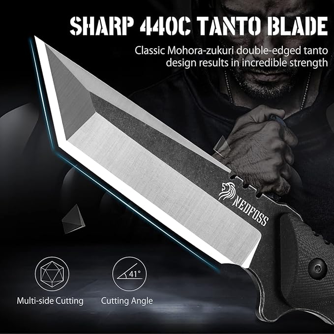 NedFoss Tactical Survival Knife with Fire Starter, Kydex Sheath, 440C Steel Blade, G10 Handle - Camping Gift for Men