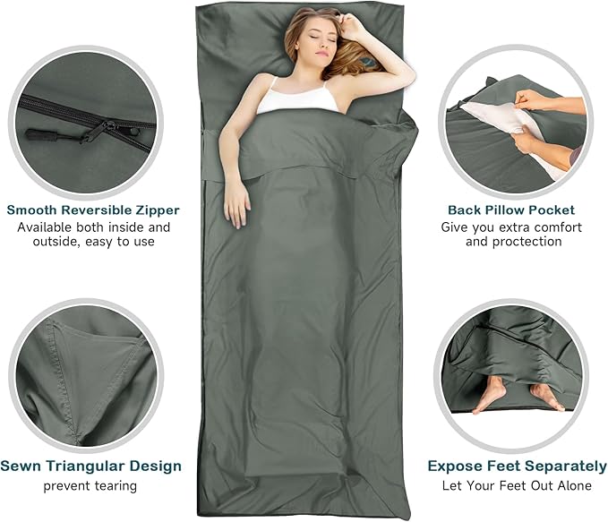 Sleeping Bag Liner,14oz Ultralight Sefl Tan Sleep Sack with 2 Way Zipper, Expose Feet Separately, Adult Sleep Sack & Travel Sheets for Camping, Hiking, Traveling Backpacking,Hotel