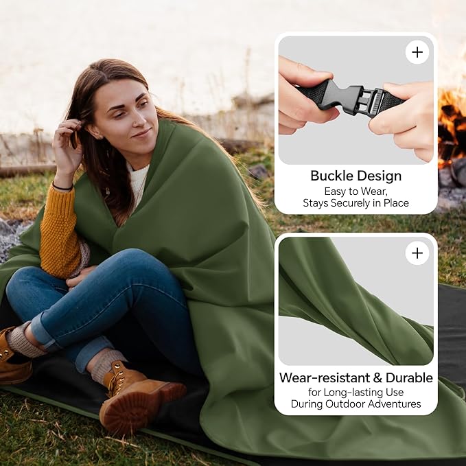 BEDELITE Large Waterproof Camping Blanket for Spring and Autumn, Lightweight Packable Blanket for Car, Foldable Fleece Stadium Blanket for Outdoor Sports, Wearable, Machine Washable, 55" x 80",Green
