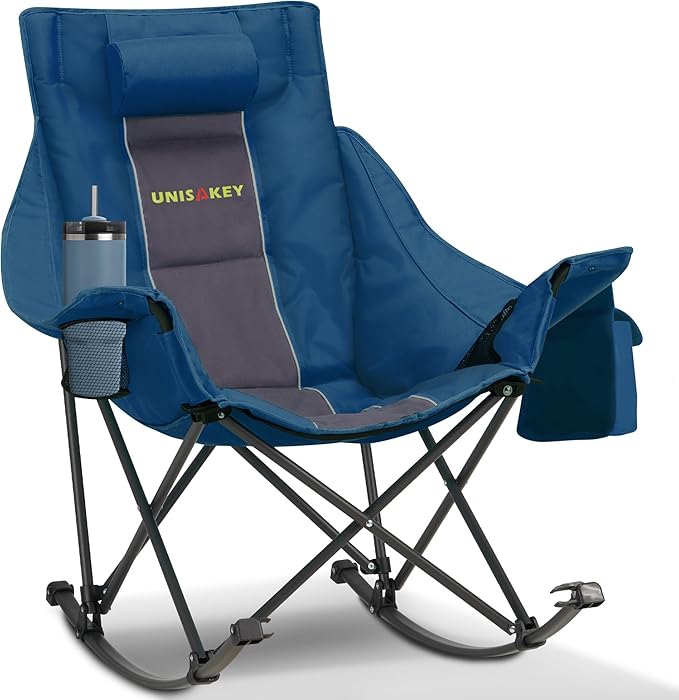 Unisakey Oversized Rocking Camping Chair with Headrest & Cup Holder - 400lbs Capacity, 600D Oxford Fabric, Easy Fold Portable Outdoor Rocker Chair for Camping, Backyard, Beach, Blue
