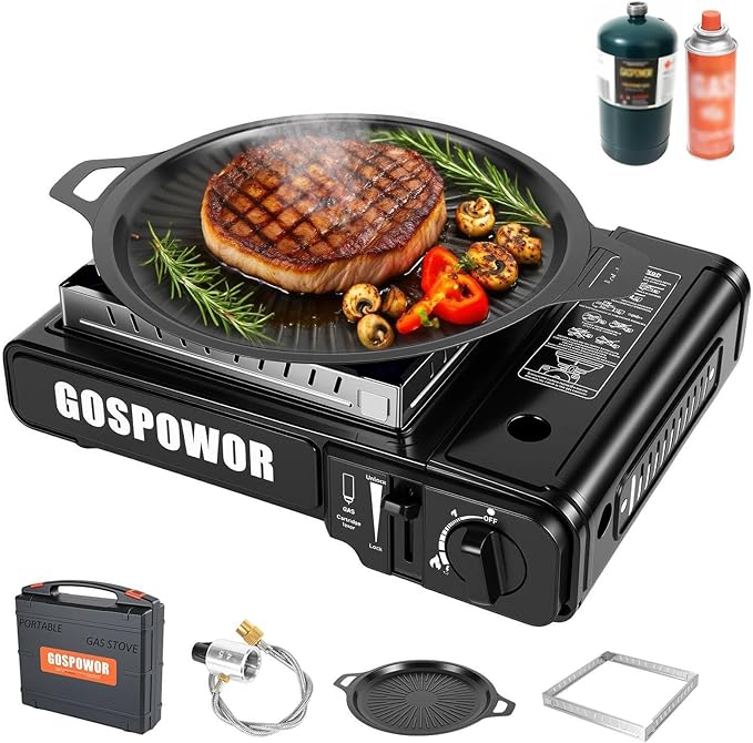 Propane or Butane Stove with Windblocker, Dual Fuel 10,000 BTU Portable Gas stove for Camping, Automatic Ignition Gas Stove with Adapter Hose Carrying Case & Griddle for Hiking (Fuel Not Included)