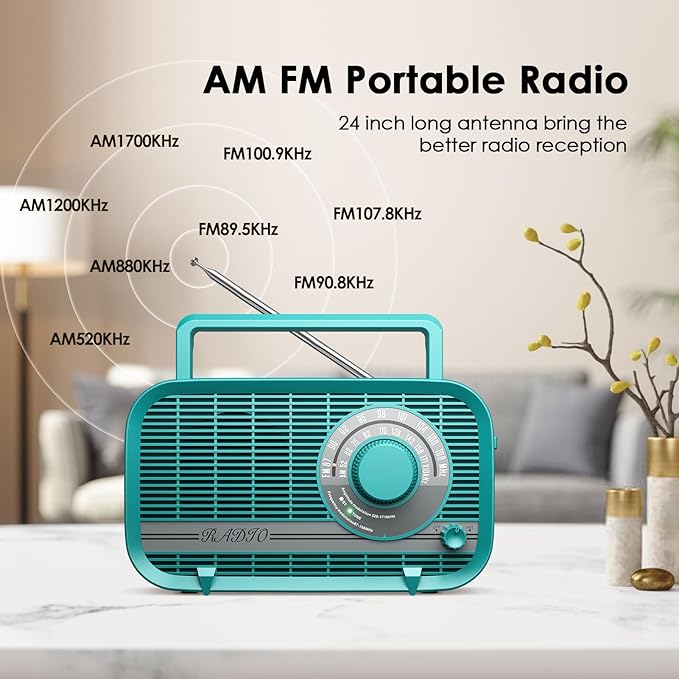 Portable AM FM Radio with Bluetooth, Plug in Wall and Play, or AA Battery Operated Radios, Best Reception Vintage Retro Radio Built in Clear Speaker Headphone/AUX in Jack Turquoise