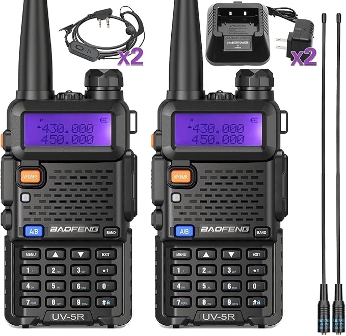 BAOFENG Radio Ham Radio UV-5R Long Range UV5R Dual Band VHF UHF Rechargeable Walkie Talkies for Adults Handheld Two Way Radio with Earpiece AR-771 Full Kit for Camping Hunting Survival Gear,2Pack