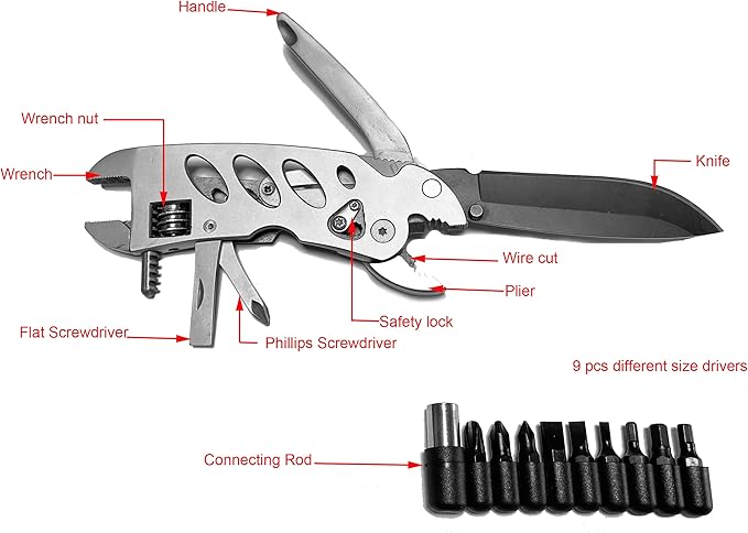 Multitool Wrench With 7 Tools/Pliers/Wire Cutter/Flat Screwdriver/Phillips Screwdriver, Portable Adjustable Pocket Folding Multi Tool Plier Multipurpose Tool (Silver)