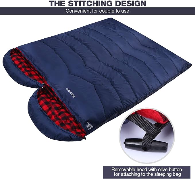 REDCAMP Flannel Sleeping Bag for Adults, Comfortable Cotton Sleeping Bags for Camping with Detachable Hood, Red/Grey/Blue/Black