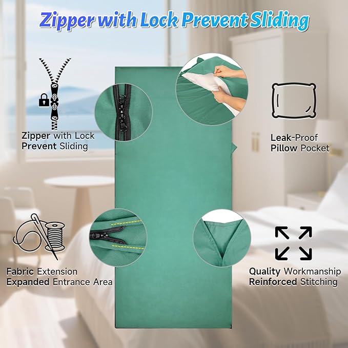 Lightweight Sleeping Bag Liner, Travel Sheets and Adults Sleep Sack, 220 x 95cm with Full Lockable Zipper and Travel Buckle - Portable & Easy Care, Idea for Backpacking, Camping, Hotels, and Trips